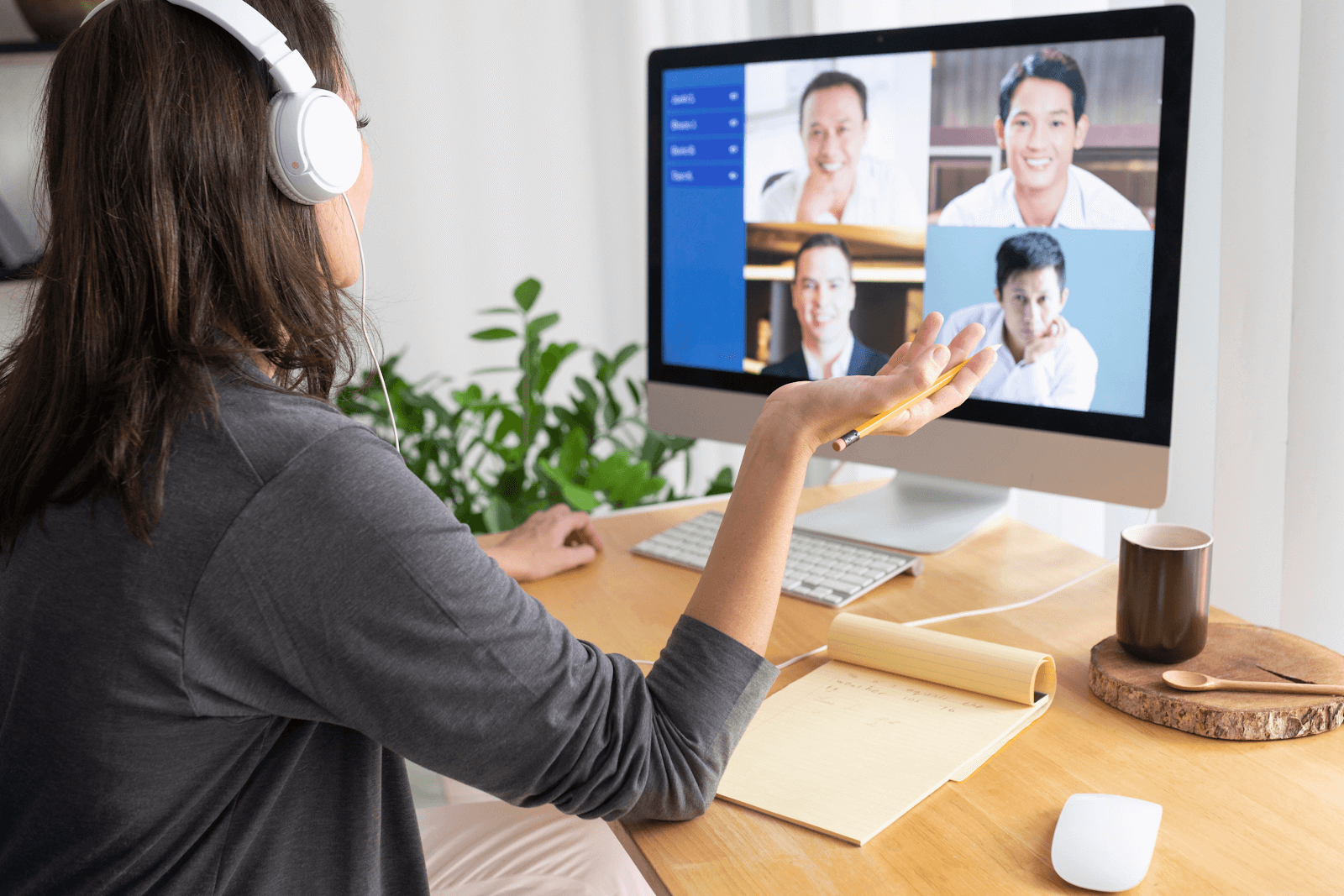 woman listening to an online program