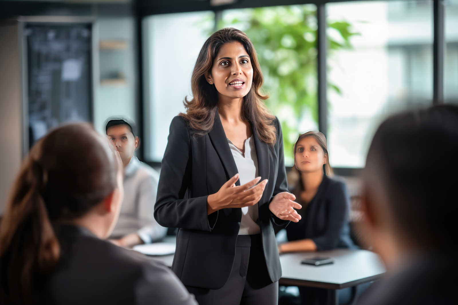 a woman standing in front of a group of people