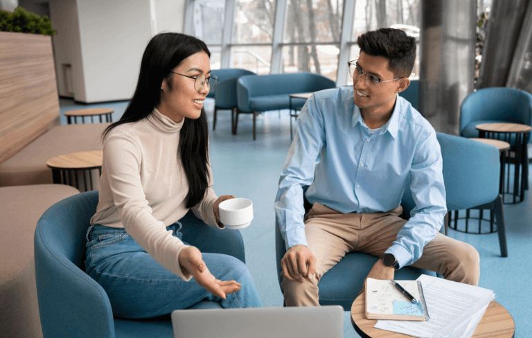 a woman and a man talking